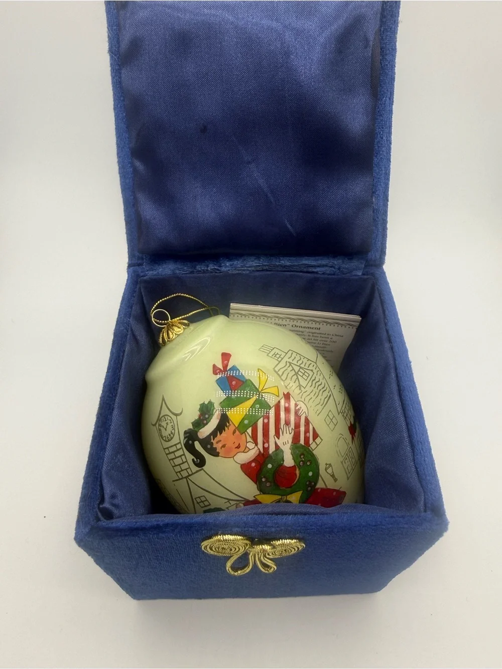 2013 Pier 1 Li Bien Holiday Shopper Reverse Hand Painted Teardrop Ornament w Box